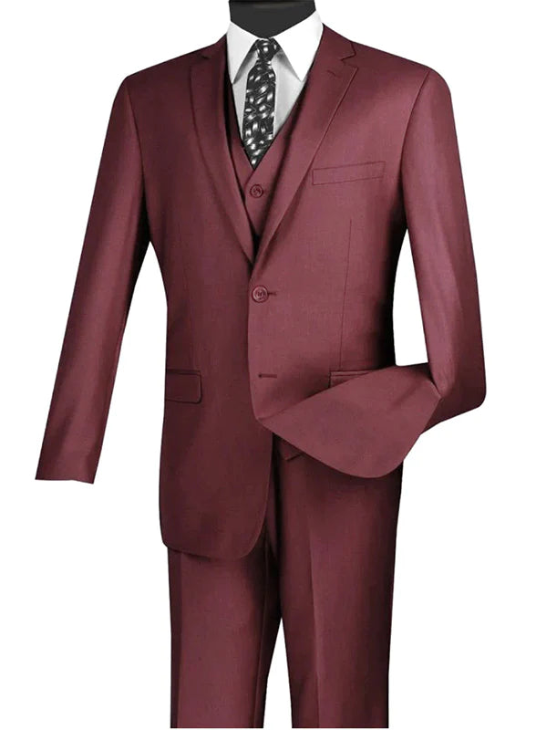 Formalita Collection: Burgundy 3 Piece Solid Color Single Breasted Slim Fit Suit