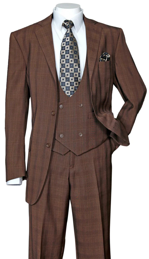 Brown Plaid 3 Piece Wool Feel Fashion Suit