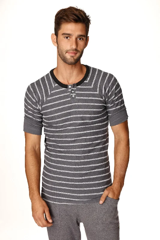 Lightwear Options 4-rth Mens Vintage-Stripe Henley Tee in French Terry Loop (Charcoal w/Stripe)
