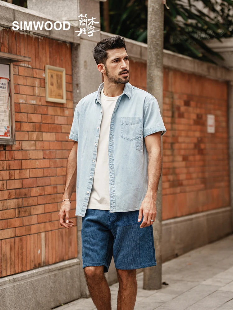 Sports Pants High Standard Series Oversize Short Sleeve Washed Denim Shirts with Embroidery Logo Sports Pants High Standard Series Oversize Short Sleeve Washed Denim Shirts with Embroidery Logo