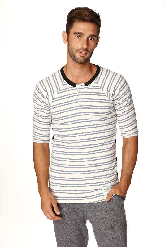Cozy Essentials 4-rth Mens Vintage-Stripe Henley Tee in French Terry Loop (Cool Blue Stripe)