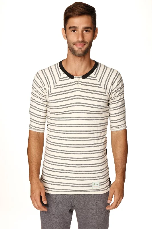 Modern Apparel 4-rth Mens Vintage-Stripe Henley Tee in French Terry Loop (Dark Grey Double Stripe)