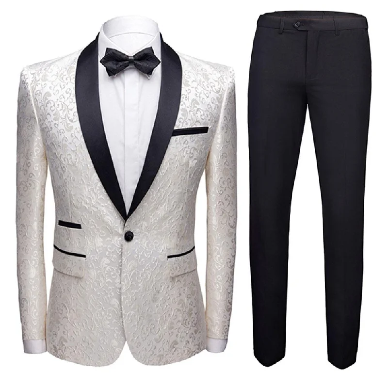 Basic Fashion 2-Piece Print Suit Slim Fit Paisley White Suit
