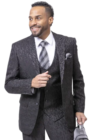 Lightwear Options Black Solid Textured Tone On Tone Three Piece Regular Fit Fashion Suit M2763 Lightwear Options Black Solid Textured Tone On Tone Three Piece Regular Fit Fashion Suit M2763