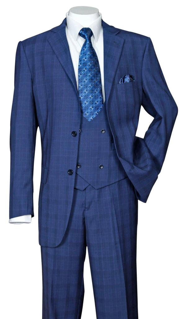 Navy Plaid 3 Piece Wool Feel Fashion Suit