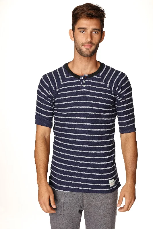 Modern Comfort 4-rth Mens Vintage-Stripe Henley Tee in French Terry Loop (Navy w/Stripe)