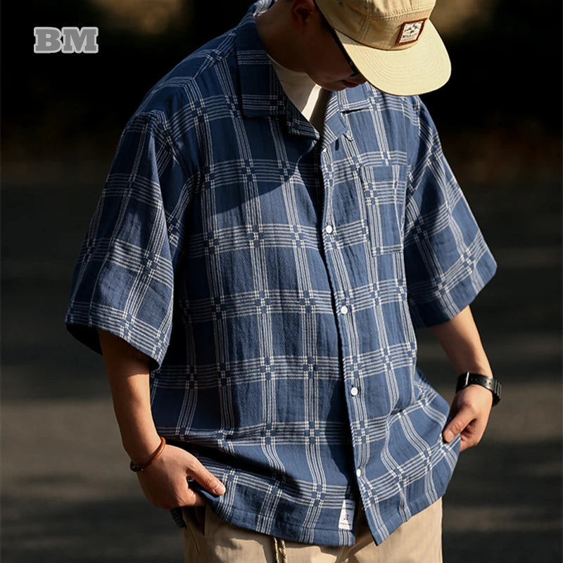 Urban Comfort Vintage Plaid Short Sleeve Shirt Men's Streetwear Oversize Tops