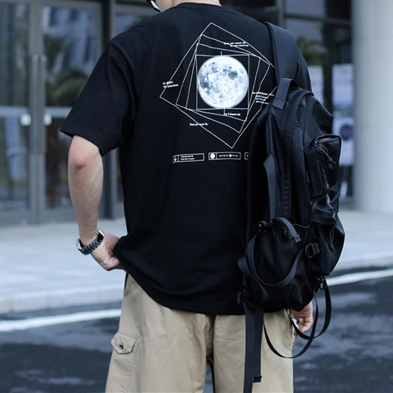 Casual Wear Japanese Streetwear Moon Print Oversized T-Shirts with Short Sleeves
