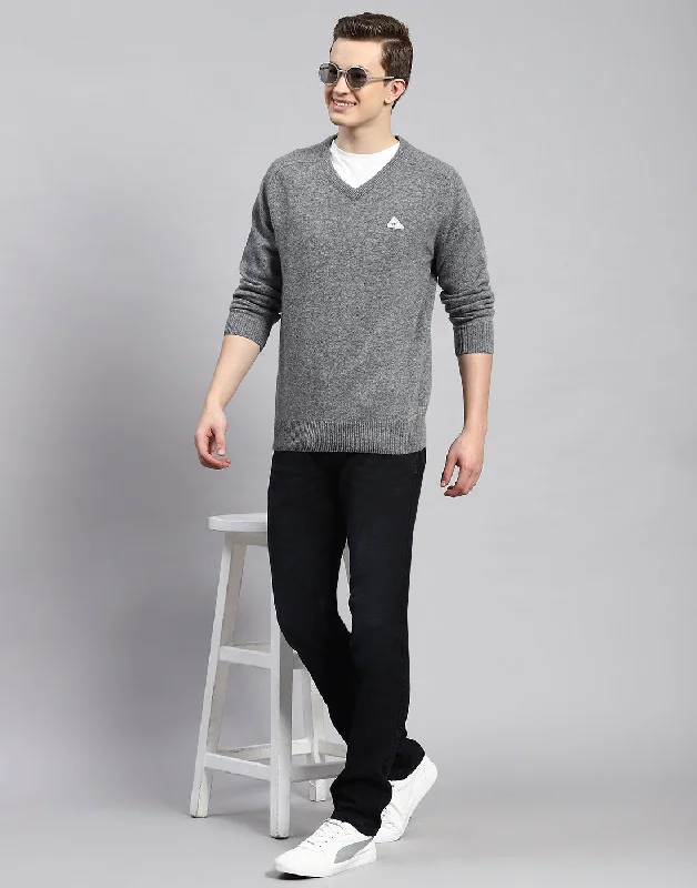Casual Outfit Men Grey Solid V Neck Full Sleeve Pullover