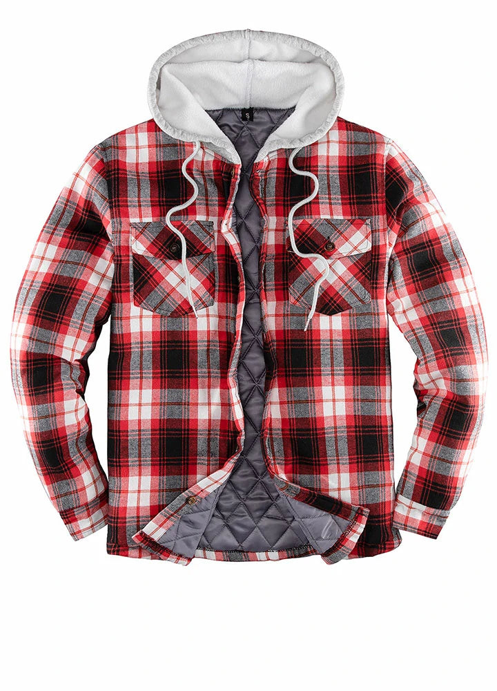 Versatile Wardrobe Men's Quilted Lined Button Down Plaid Flannel Shirt Jacket with Hood