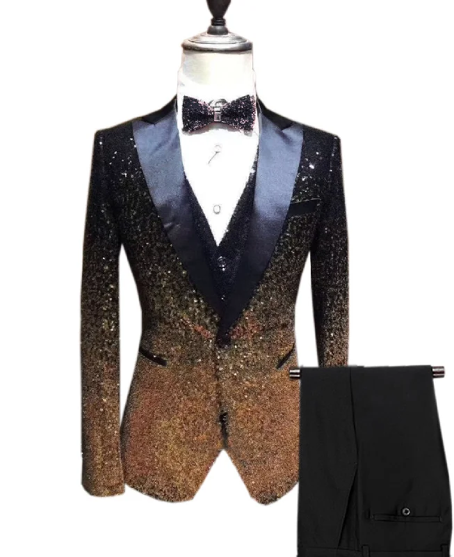 Street Gear Fashion Gradient Sequined Tuxedo Peak lapel Men's Suit (Blazer + Vest + Pants)