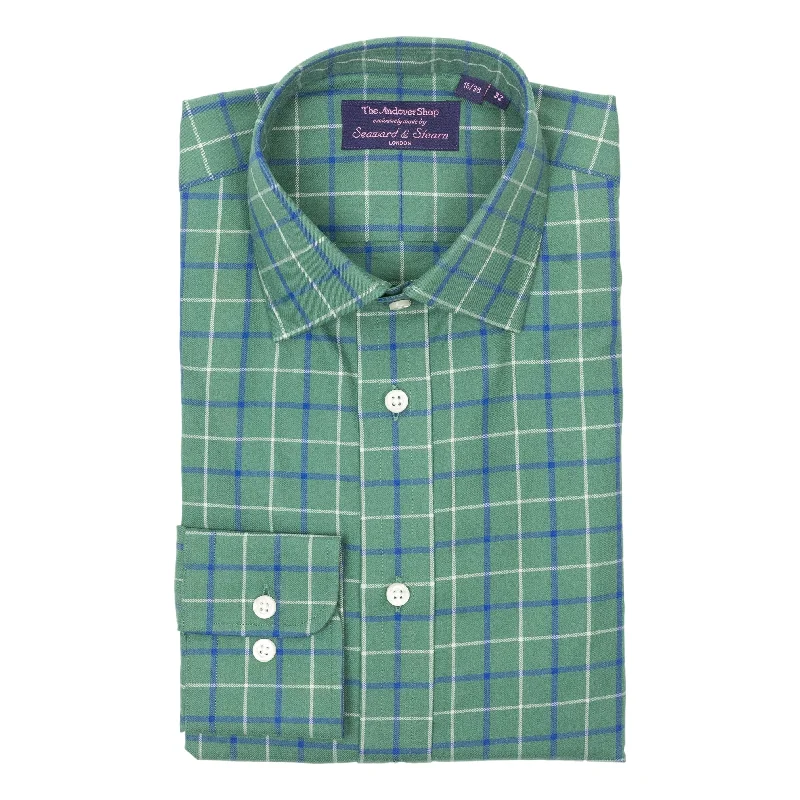 Effortless Style Green Ground with White and Blue Tattersall Spread Collar Dress Shirt