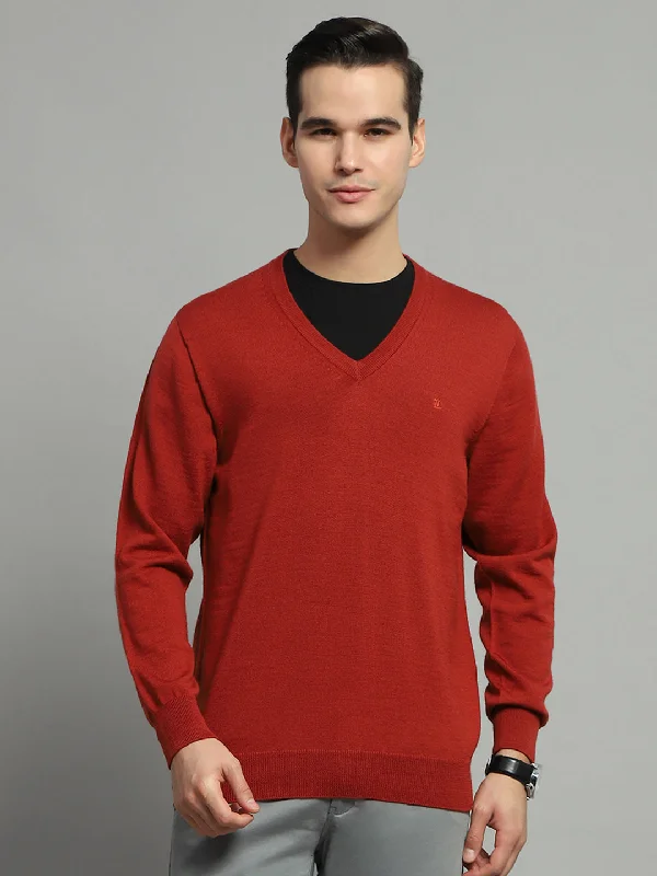 Modern Apparel Men Rust Solid V Neck Full Sleeve Pullover