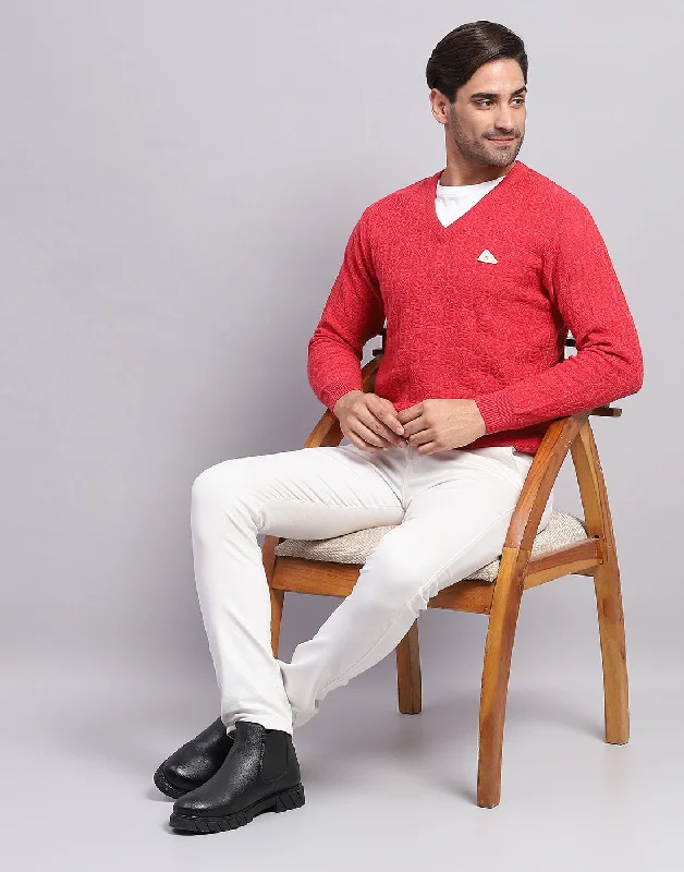 Sporty Chic Men Pink Self Design V Neck Full Sleeve Pullover
