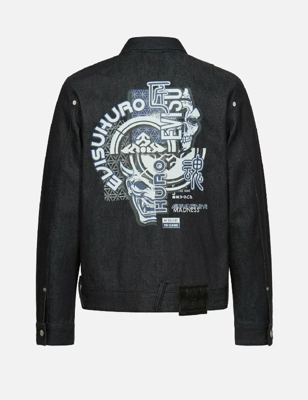 Versatile Looks Hannya and Kamon Collage Print Denim Jacket