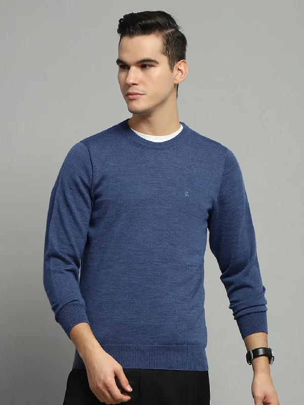 Smart Casual Wear Men Blue Solid Round Neck Full Sleeve Pullover