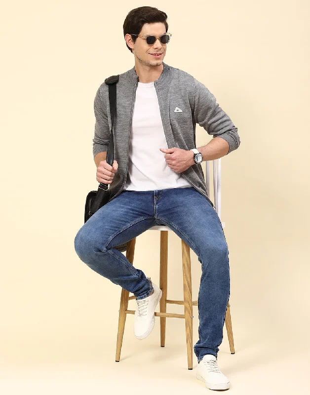 Stylish Looks Men Grey Solid Stand Collar Full Sleeve Pullover