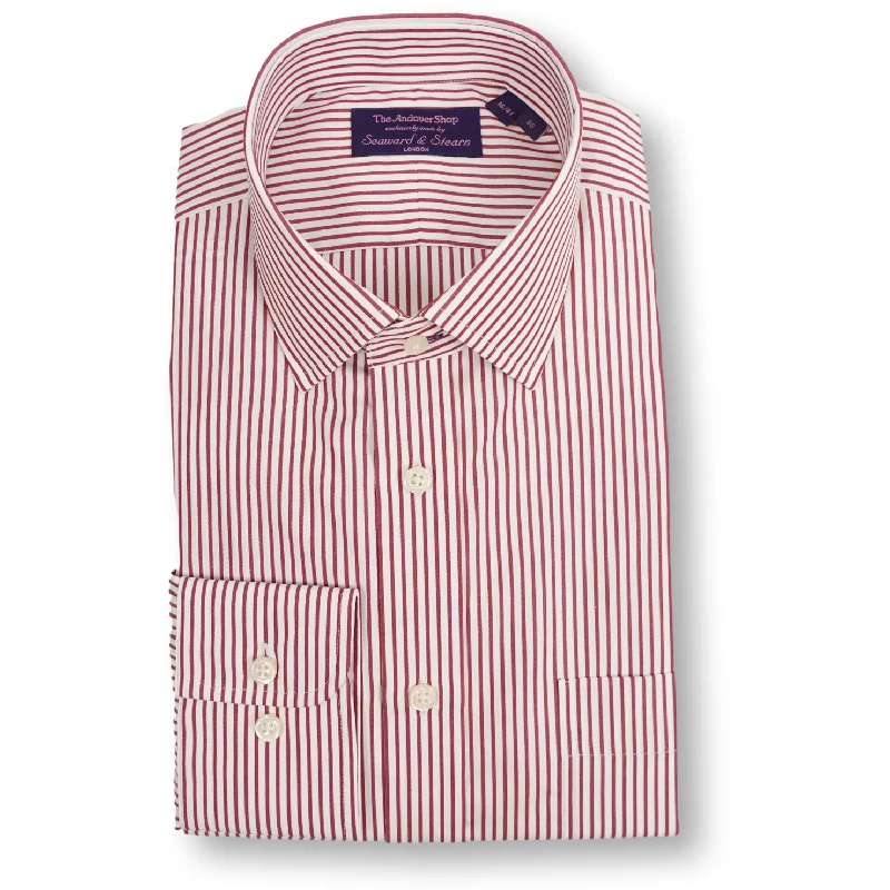Trendy Comfort Red Spread Collar Banker Stripe Dress Shirt