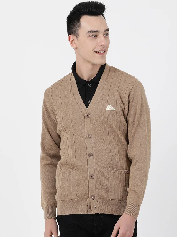 Laid-Back Wear Men Khaki Solid V Neck Full Sleeve Cardigan