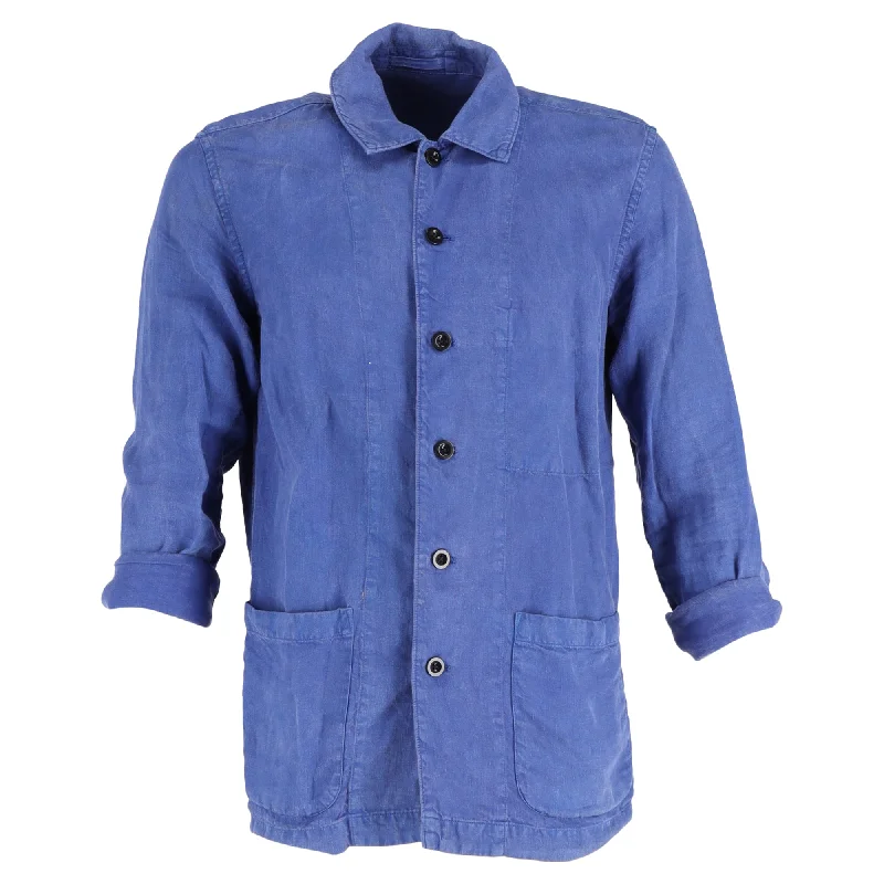 Smart Casual Mr. P. Button-Down with Pockets Dyed Overshirt in Blue Linen
