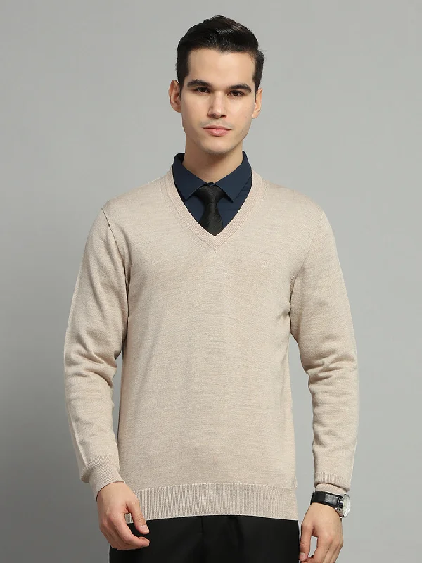 Retro Style Men Beige Solid V Neck Full Sleeve Pullover