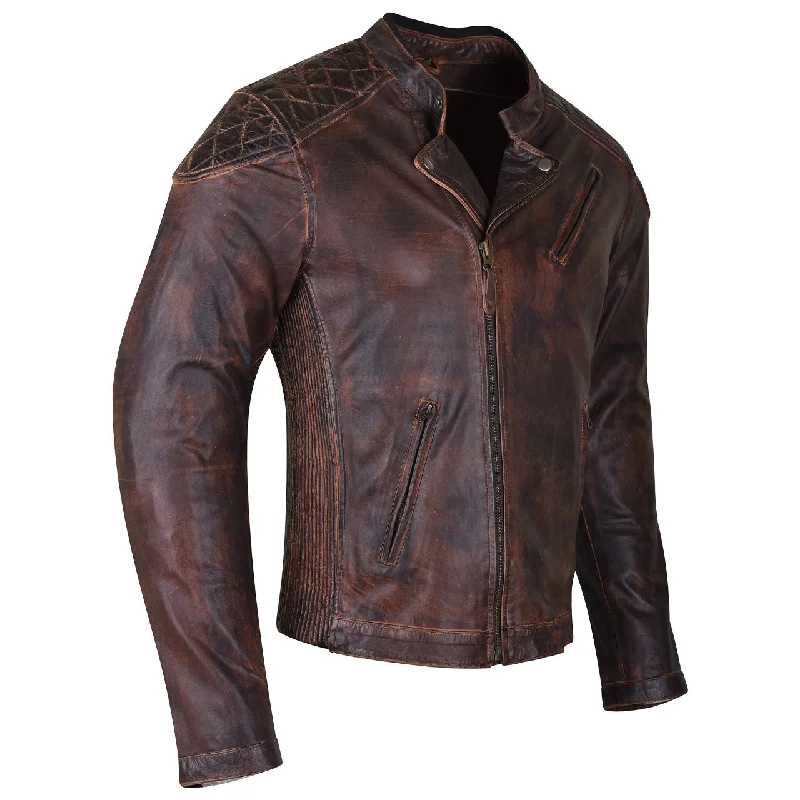 Retro Style HMM521VB High Mileage Men's Vintage Brown Leather Jacket with Diamond Stitched Shoulders
