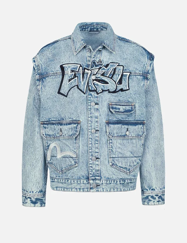 Urban Look Graffiti Logo Embroidery Denim Jacket with Detachable Sleeves