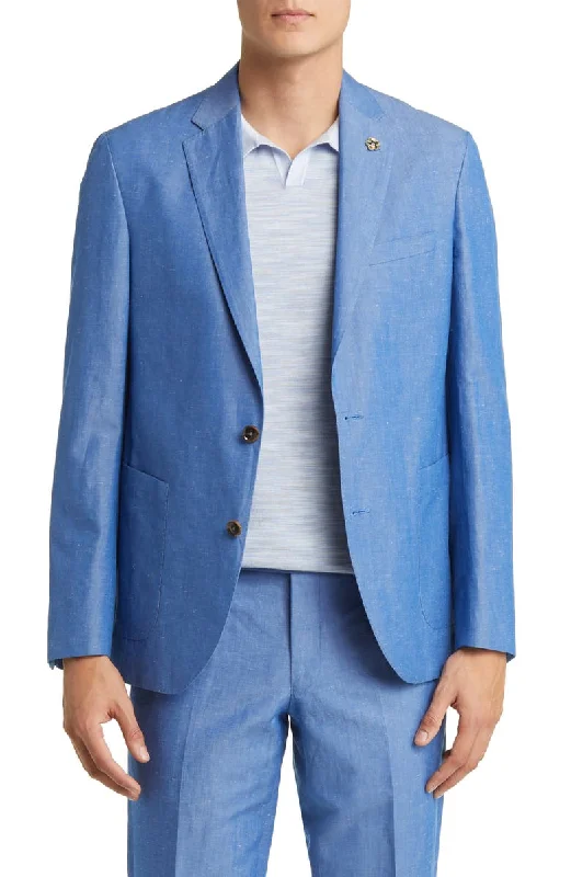 Cool Comfort Casual 2 Piece Blue Linen Double Button Men's Suit (Blazer+Pants）