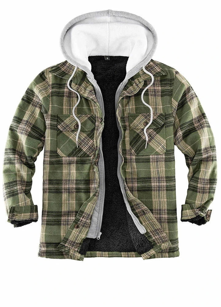 Casual Denim Men's Fuzzy Sherpa Lined Zip Up Plaid Flannel Shirt Jacket with Hood