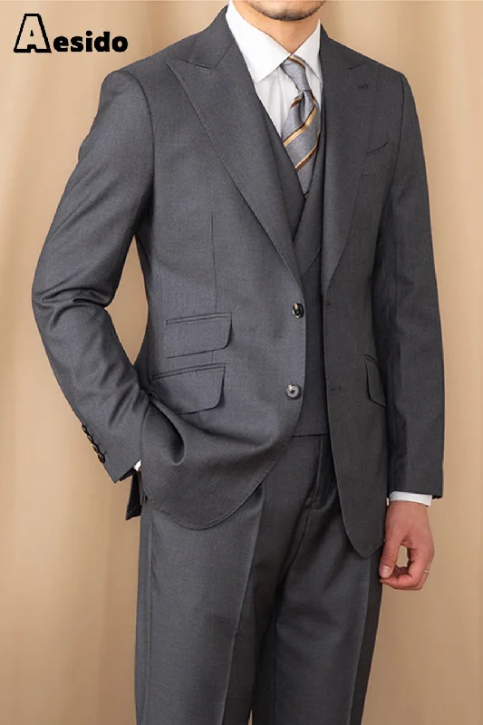 Casual Comfort 3 Piece Grey Business Casual Peak Lapel Double Vented Men's Suit (Blazer+Vest+Pants)