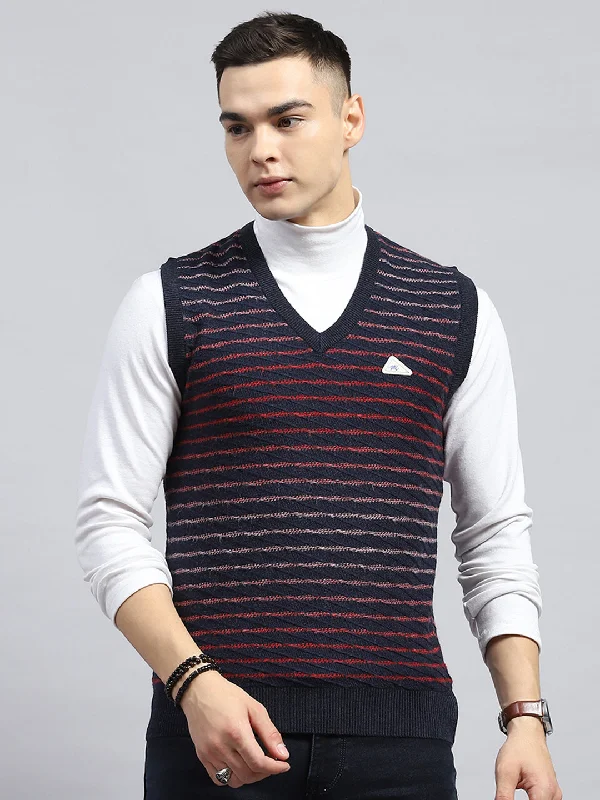 Sporty Look Men Navy Blue Self Design V Neck Sleeveless Sweater