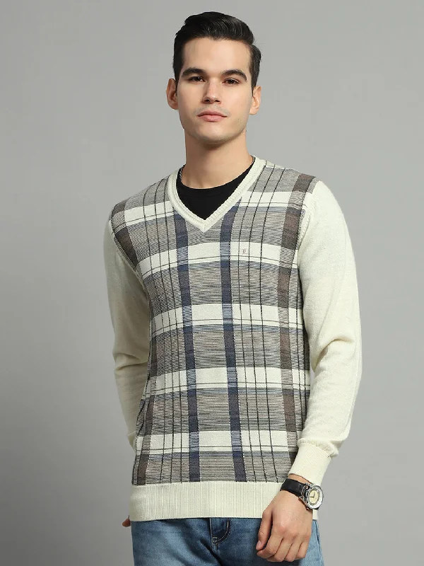 Versatile Style Men Off White Check V Neck Full Sleeve Pullover