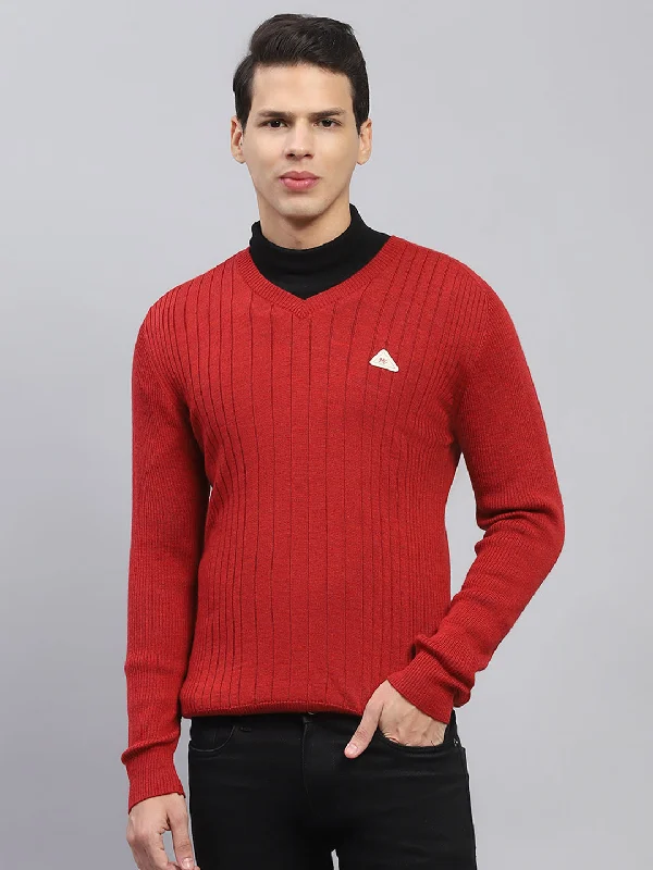 Modern Style Men Maroon Solid V Neck Full Sleeve Pullover