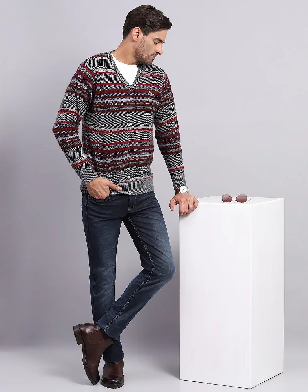 Cozy Fit Men Grey Self Design V Neck Full Sleeve Pullover