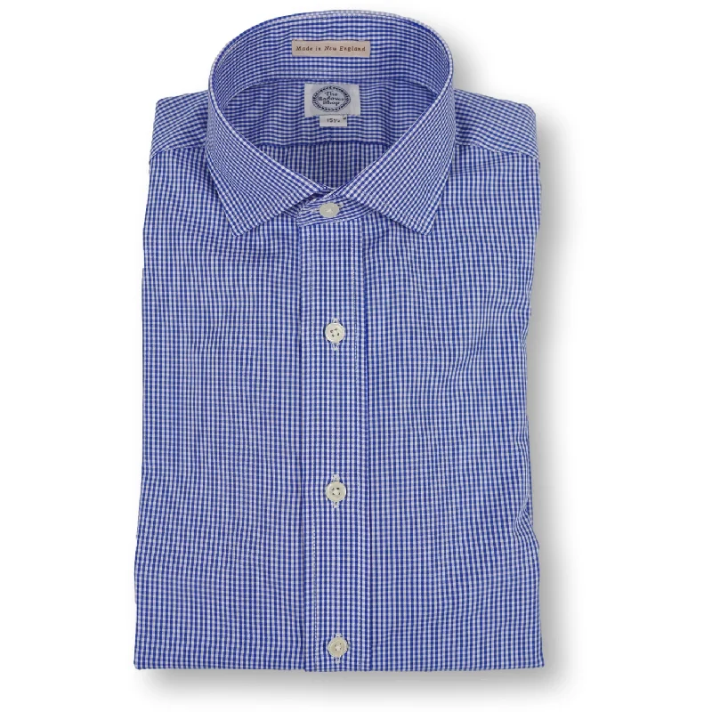 Comfy Apparel Blue and White Mini Check Spread Collar Trim Fit Dress Shirt