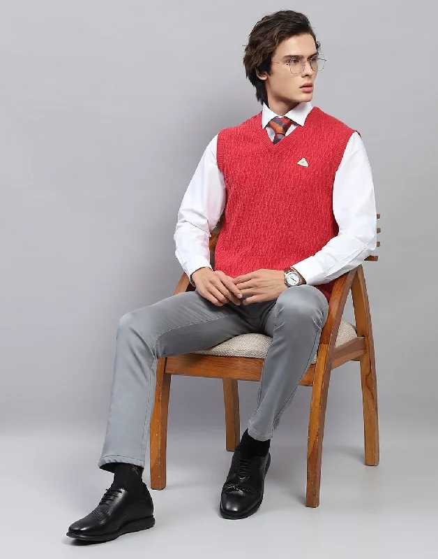 Tailored Comfort Men Red Self Design V Neck Sleeveless Sweater