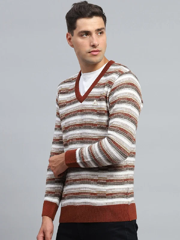 Classic Casual Men Brown Stripe V Neck Full Sleeve Pullover