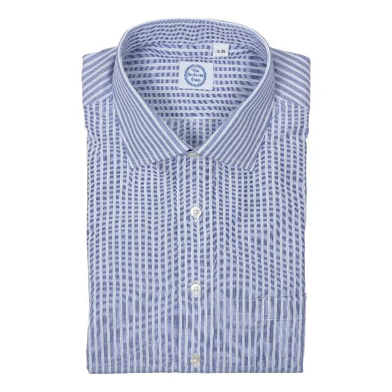 Active Wear Large Blue Railroad Stripe Spread Collar Dress Shirt