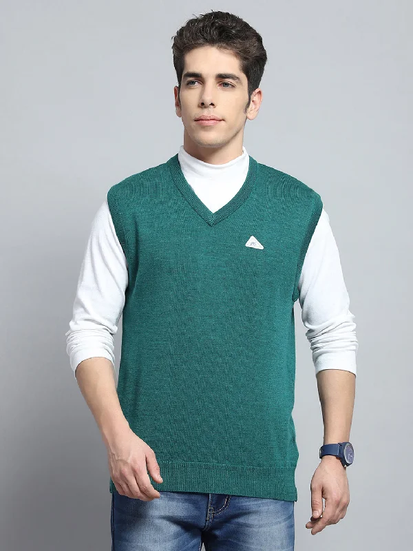 Cozy Sweatshirts Men Green Solid V Neck Sleeveless Sweater