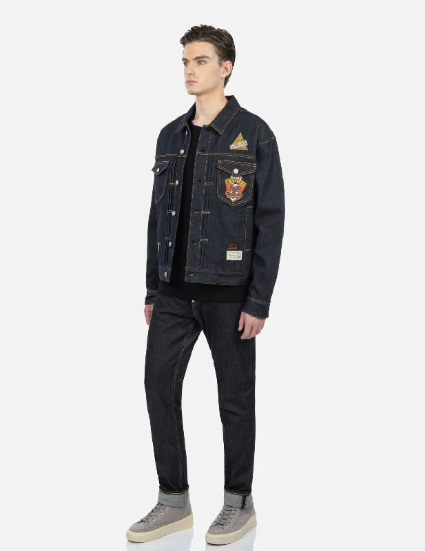 Modern Casuals Military Style Godhead Appliqué Denim Jacket