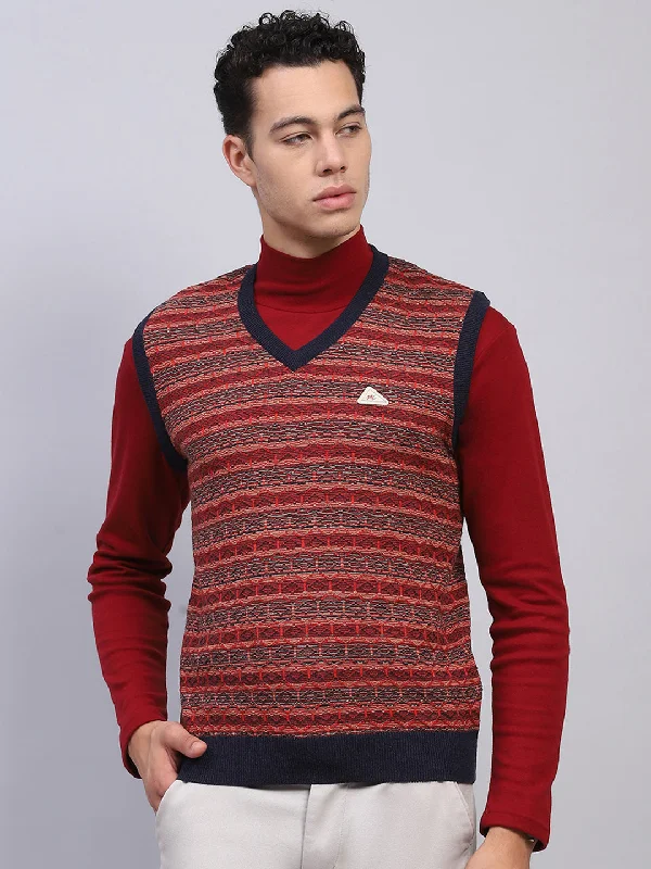 Casual Wear Men Maroon Stripe V Neck Sleeveless Sweater