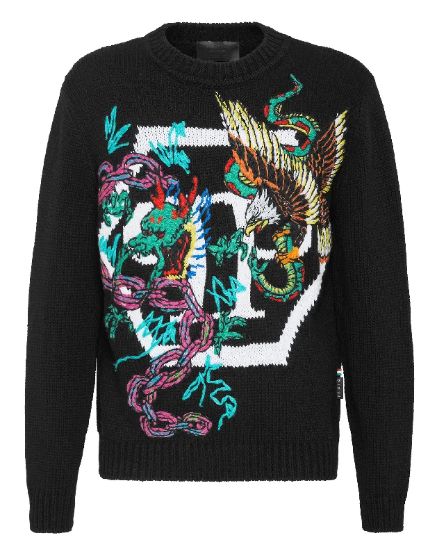 Cozy Fit Wool Cotton Pullover Round Neck LS Tattoo Patches