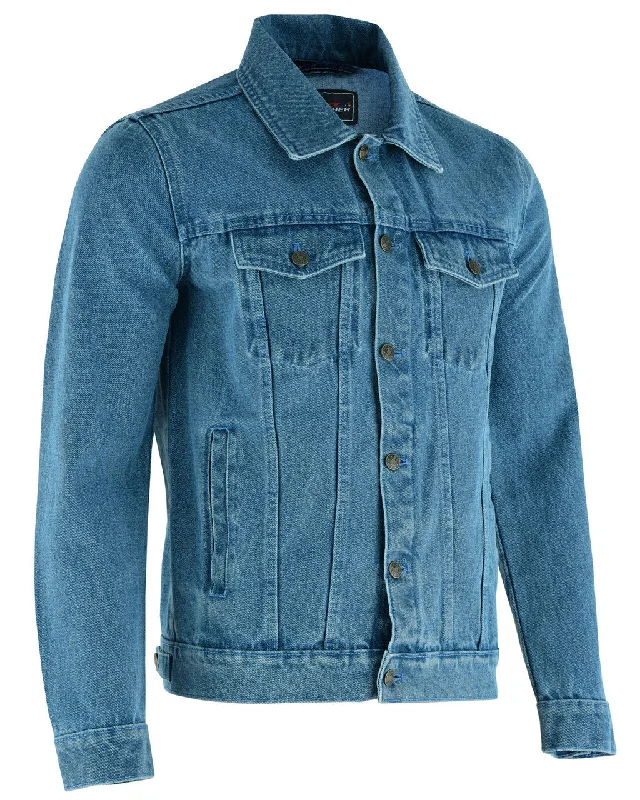 Cozy Apparel Vance Men's Light Blue Heavy Duty Denim Button Front Motorcycle Jacket, Jean Jacket for Men