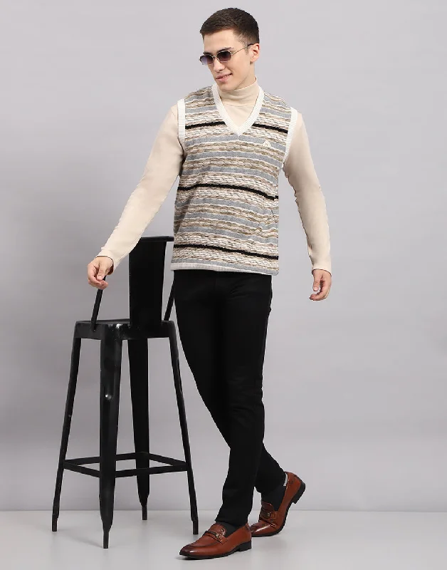 Casual Knitwear Men Multicolor Stripe V Neck Sleeveless Sweater