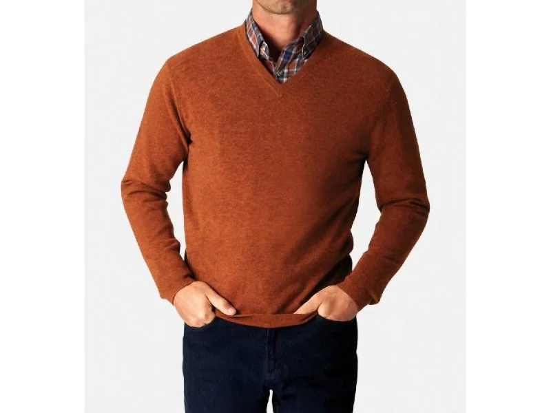 Timeless Style Cashmere V-Neck Pullover Sweater In Spice