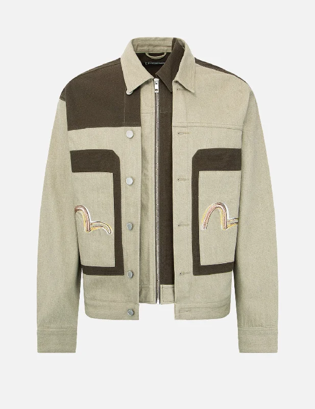 Casual Essentials Brush Effect Seagull Print Colorblock Denim Jacket
