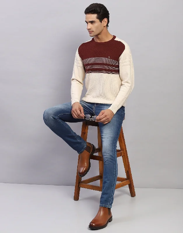 Weekend Outfits Men Off White Self Design Round Neck Full Sleeve Pullover