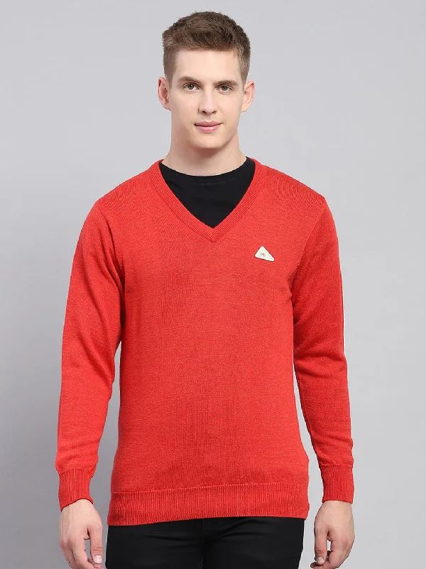Classic Casual Men Red Solid V Neck Full Sleeve Pullover