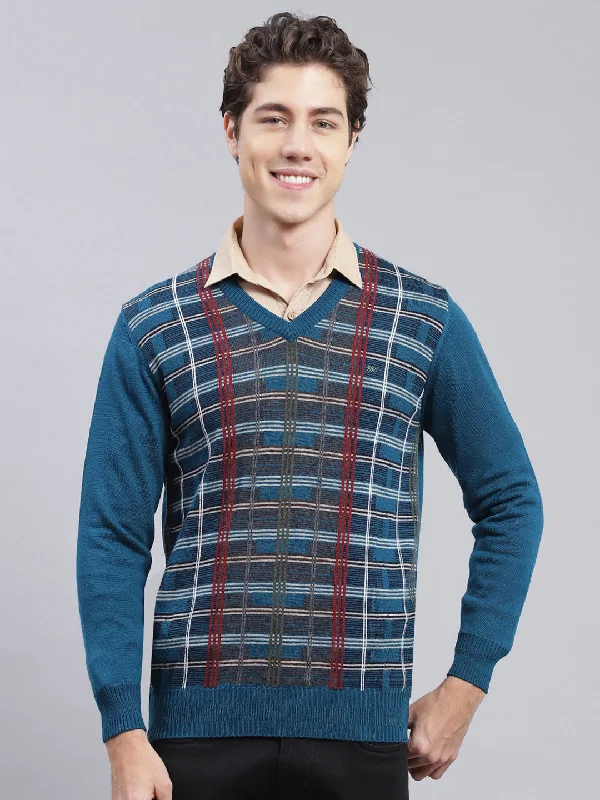 Relaxed Wardrobe Men Teal Blue Printed Wool blend Pullover