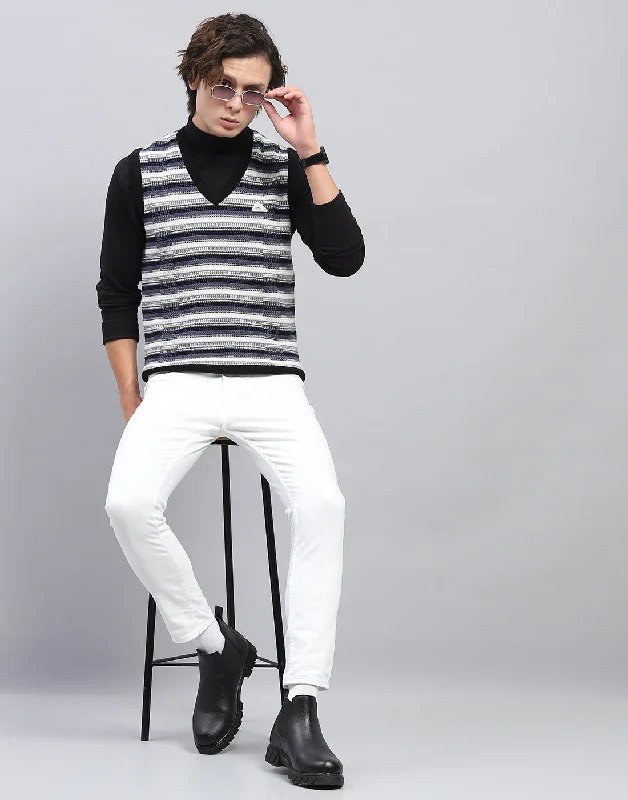 Casual Knitwear Men Black Self Design V Neck Sleeveless Sweater